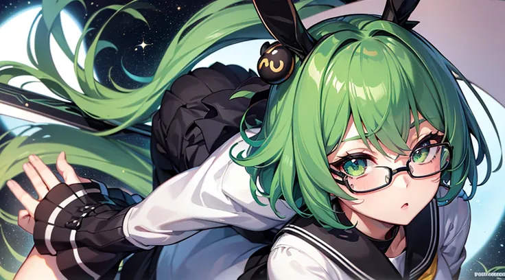 neat figure, 5 girl, teenage girl, very short hair, Air bangs, deep green hair, extremely beautiful detailed anime face and eyes, ^ ^, highly detailed skin, rabbit ears, Round rabbit tail, Black glasses without a frame on top, gun, sailor dress, Long sleev...