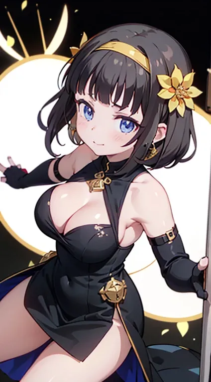 yor briar, anime style beutiful woman, 1girl, happy, sexy pause,(with sparkling eyes and a contagious smile:0.9),red face, closed mouth, beautiful detailed eyes, super detailed skin, backlighting, bare shoulders, black background, black dress, black gloves...