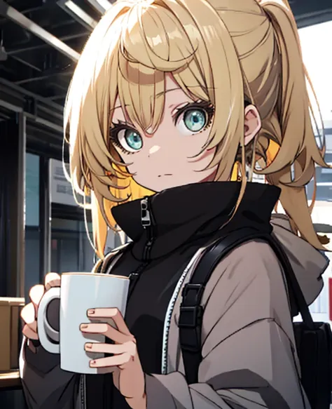 there is a 23-year-old girl holding a cup of coffee in her hand, nice face girl, cute natural anime face, he has a nice face - s...