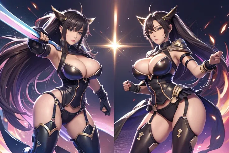 fantastic fighting girl、Two-Way、knife,、Long black hair、whole body、cute、sexy  、Camel Toe、Giant tit、Nipple Puffs、Cleavage、Plump、Super big breasts、Super big butt、sword