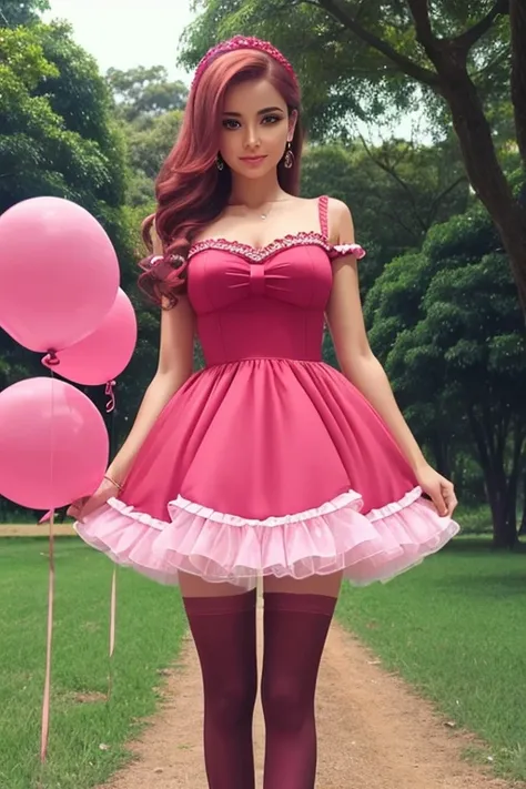 mulher Sexy em um vestido preto, cabelos longos, vermelhos, pantyhose, colorida, holding a red balloon, Moda lolita, wearing a pink romantic tutu, Bela Delfina, Vestido preto e vermelho, wearing red romantic tutu, estilo de cor rosa e vermelho, non-rococo ...