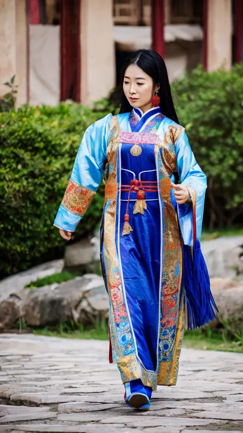 Woman in ancient Chinese clothing walking alone