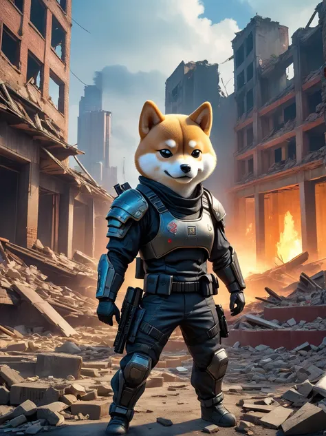 A cyberpunk anthropomorphic Shiba Inu warrior holding an assault rifle，Standing among the ruins of a dilapidated urban environment，Behind are collapsed buildings and broken walls，Dramatic light，Dark and eerie atmosphere，Fine details，Best quality，8k，high re...