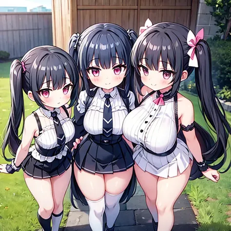 Three Girls, Pink Eyes, Twin tails,Princess Cut,Hidden in one eye,Big Breasts,Big Ass,Micro Mini Skirt,Knee-length,Revealing clothing,smile