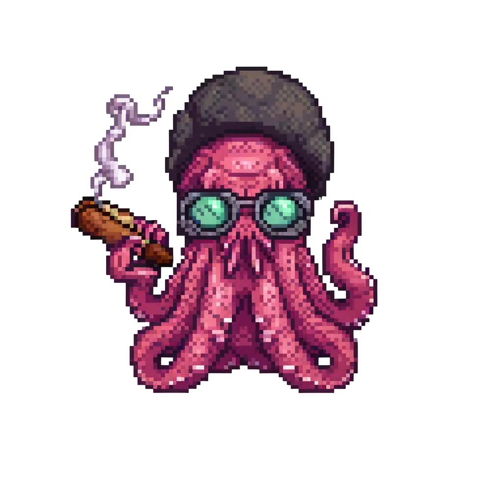 a cute octopus monster wearing sunglasses, wearing hat, holding a cigar, cigar, (flat shading:1.2), (minimalist:1.2) ,(pixel:1.2),pure bg