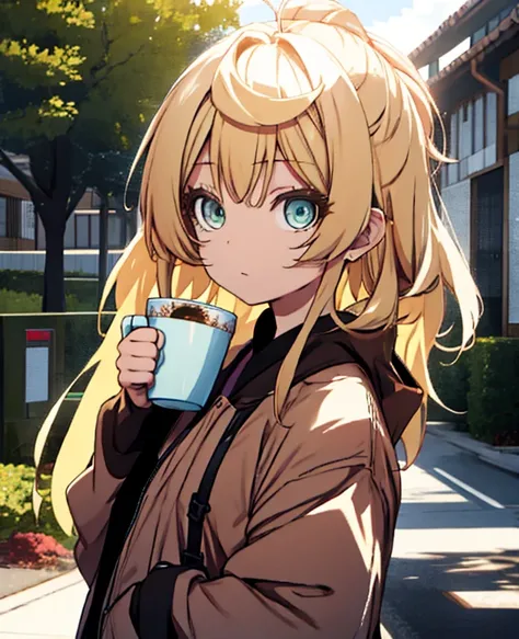 There is a  33 - year-old girl holding a cup of coffee in her hand, Nice face girl, Cute natural anime face, He has a nice face - soft -, Sakimi-chan, Chiho, Yoshitomo Nara, Cute young face, Face of a beautiful Japanese girl, Blond hair and big eyes, Cute ...