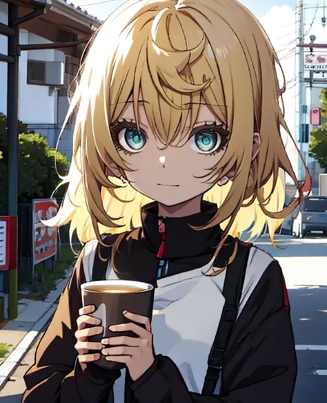 there is a  33 - year-old girl holding a cup of coffee in her hand, nice face girl, cute natural anime face, he has a nice face ...