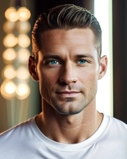 handsome 40 year old desirable caucasian man with distinguished features, ((playing the drums)), light brown medium length hair, clean cut haircut, (shaved face), (intriguing green eyes), seductive smile with a gentle expression, athletic build, tall heigh...