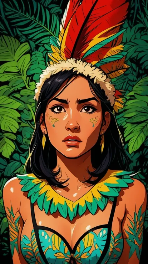 Arte em quadrinhos, pintura digital. A beautiful young native Amazonian indigenous woman with feathers and feathers on her head,feminina,rosto pintado, corpo quente,in typical costumes,alta qualidade. Amazon rainforest and river bottom. cores vivas, cinema...