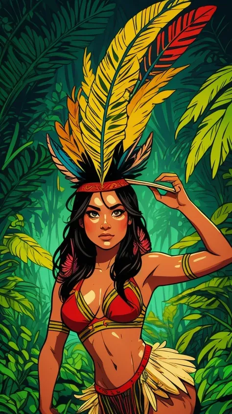 Arte em quadrinhos, pintura digital. A beautiful young native Amazonian indigenous woman with feathers and feathers on her head,feminina,rosto pintado, corpo quente,in typical costumes,alta qualidade. Amazon rainforest and river bottom. cores vivas, cinema...