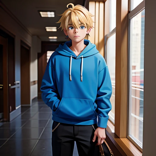 Human Male, Blonde hair , wearing BLUE Hoodie ,