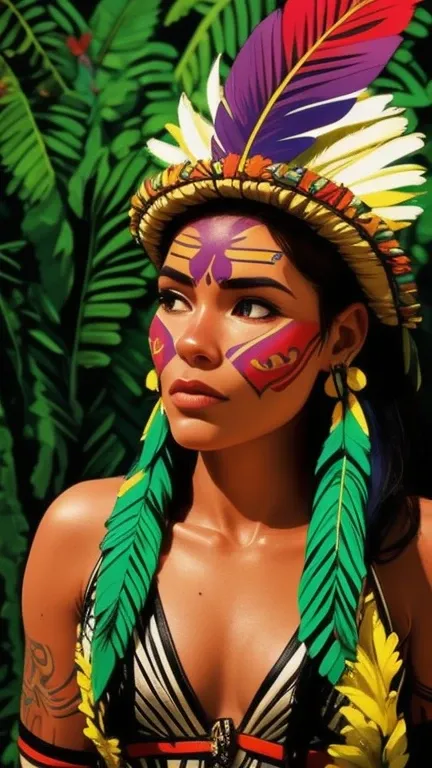 Arte em quadrinhos, pintura digital. A beautiful indigenous girl in native with feathers and feathers on her head, Amazonian indigenous peoples in Brazil, linda jovem feminina brasileira nativa, pintar o rosto, corpo quente, Yanomami Indian in typical cost...