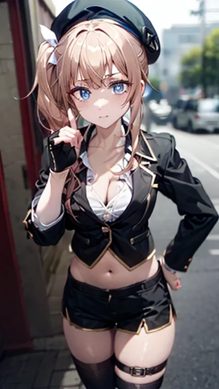 ubel,dark green hair,long hair,side ponytail,hair between eyes,bangs, BREAK (beret, black jacket, open clothes, cleavage, midriff, black shorts, black thighhighs, thigh strap, fingerless gloves, single glove:1.2) BREAK blurry background, BREAK pose, hand o...