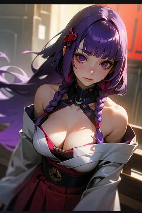 1 girl, Blunt bangs, Braiding, Wide sleeves, hair ornaments, kimono, Red Belt, (Purple Hair:1.2), Very long hair, Straight hair, Looking at the audience, Highly detailed background, (Realistic:1.2), Beautiful Eyes, Red eyeshadow, Written boundary depth，thi...