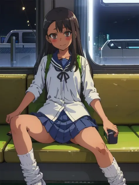 (1) A woman is sitting alone on a long seat in a train. She spread her legs、Showing white panties, Composition from the front,Low - Angle
(2) She is a high school girl, She is wearing a uniform consisting of a miniskirt, sailor suit and loose socks..
(3) s...