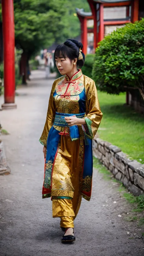 A woman wearing ancient Chinese clothing walking alone