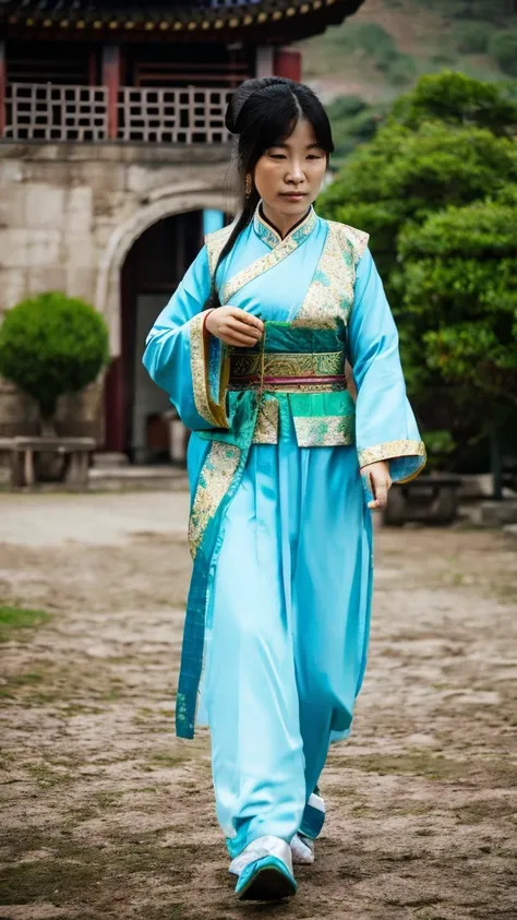 A woman wearing ancient Chinese clothing walking alone