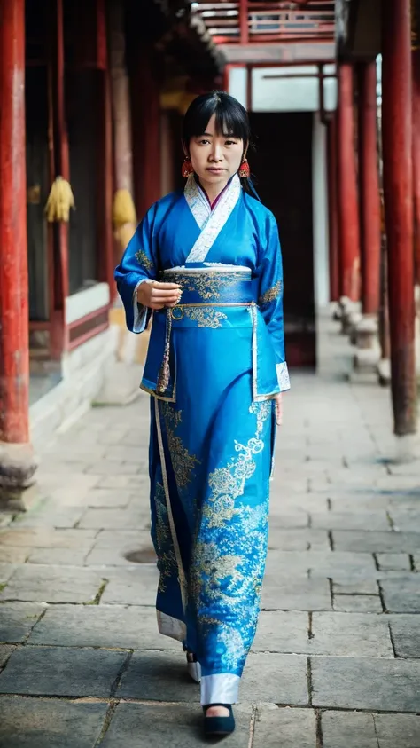 A woman wearing ancient Chinese clothing walking alone