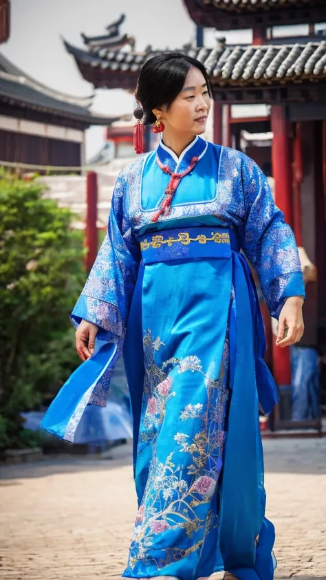 A woman wearing ancient Chinese clothing walking alone