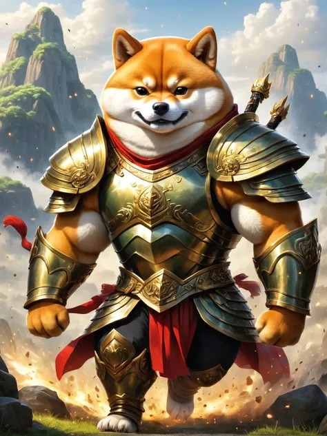 imagine a myth, the shiba inu from the magical world is engaged in a fierce battle. the armor this creature wears looks like a t...