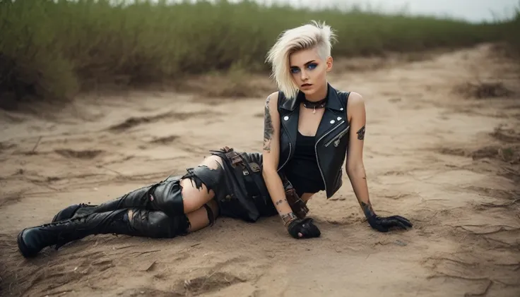 a young zombie girl laying on her back in an apokalyptic wasteland facing the viewer, right arm resting on her waist, left arm r...