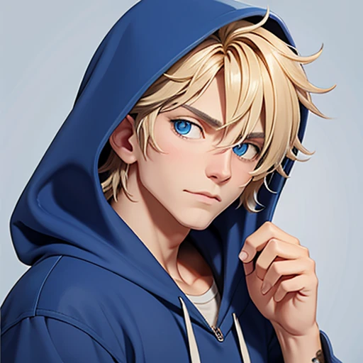 Human Male, Blonde Messy  hair , wearing BLUE Hoodie , wearing Bandage 