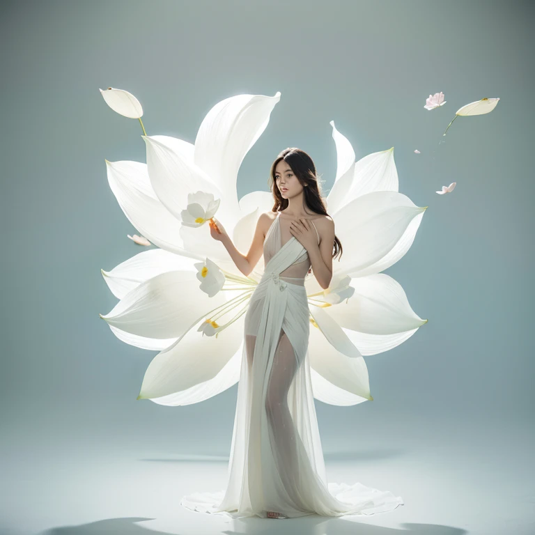 Light jade tone,simple white background, lighting effect, minimalist, elegant, pure gentle, soft light, photorealistic. a women (collarbone, shoulders) posing (praying and standing) with The hyper-giant lotus with huge and long petals (petal made of a thin...