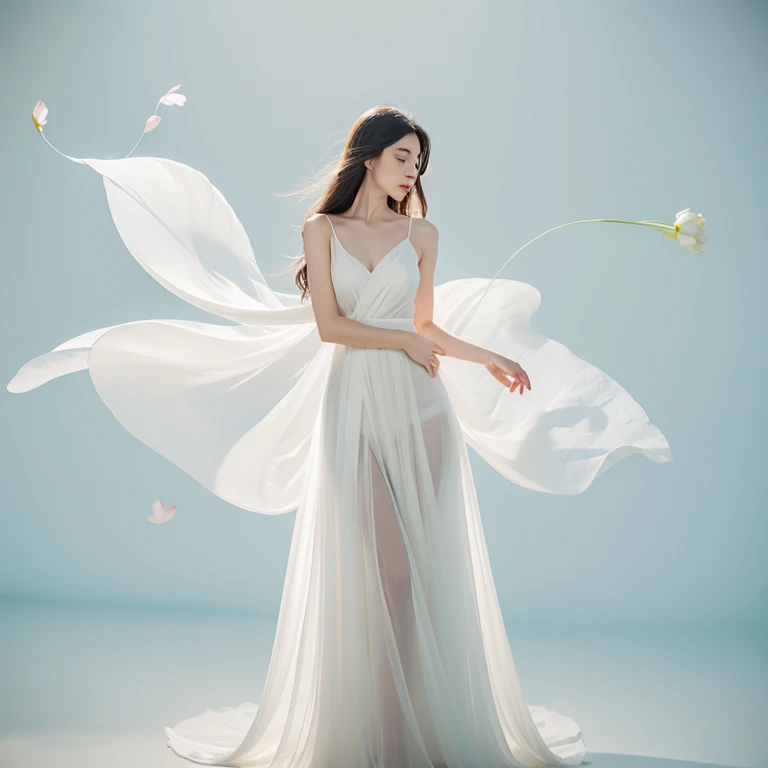 Light jade tone,simple white background, lighting effect, minimalist, elegant, pure gentle, soft light, photorealistic. a women (collarbone, shoulders) posing (praying and standing) with The hyper-giant lotus with huge and long petals (petal made of a thin...