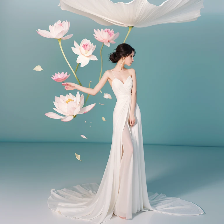 Light jade tone,simple white background, lighting effect, minimalist, elegant, pure gentle, soft light, photorealistic. a women (collarbone, shoulders) posing (praying and standing) with The hyper-giant lotus with huge and long petals (petal made of a thin...