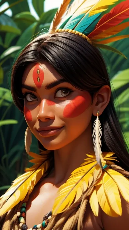 arte em quadrinhos, pintura digital. (((imagem solo))),beautiful native indian girl with feathers and feathers on her head, rost...