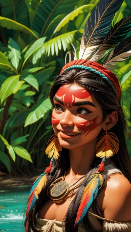 Arte em quadrinhos, pintura digital. (((imagem solo))),beautiful native indian girl with feathers and feathers on her head, rosto lindo, shy smile,olhando para o observador,Amazonian indigenous peoples in Brazil, linda jovem feminina brasileira nativa, pin...