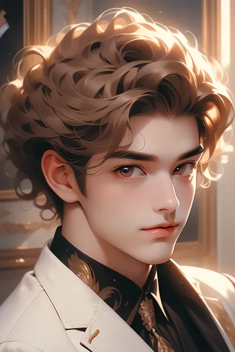 masterpiece, best quality, realistic, 1man, mature male, quiet and charming young man, 28 years old, adorable, closed mouth, portrait, extremely detailed face, soft smile, ((dark amber eyes)), ((short-sides-swept curly light brown hair)), [thick eyebrows],...