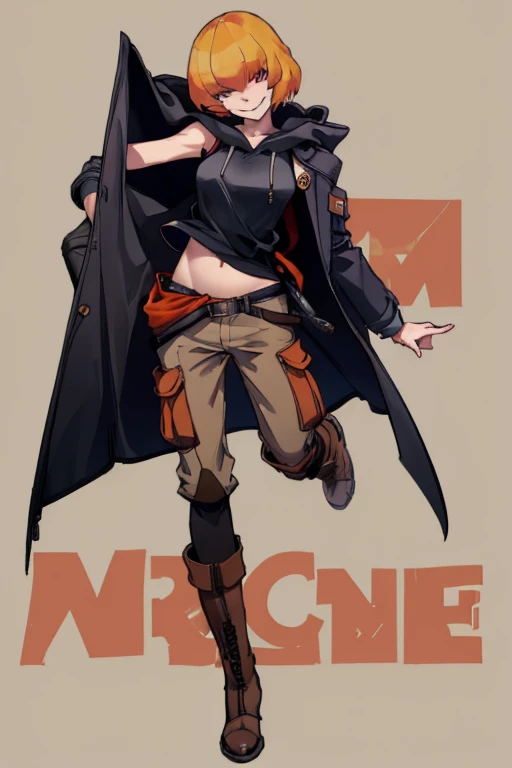 ((highest quality)), ((masterpiece)), (be familiar with),Clementine,Overload,{{nsfw}},Sleeveless hoodie,cargo pants,Bewitching Smile,whole body,boots,Long coat,Trunk Case