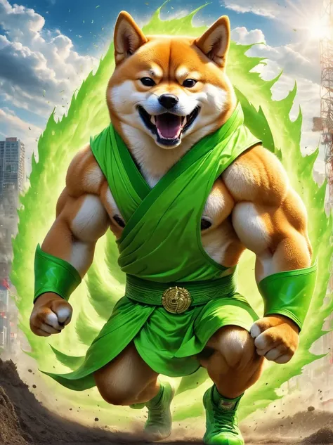 A vibrant photo, Towering Shiba Inu, Embodying the original essence, Untamed Energy，It is muscular，Glowing electric green, A color reminiscent of Shiba Inu energy drink，Its eyes are as bright as the sun, Intense burning. This is the roar of the filming, Di...