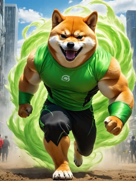 A vibrant photo, Towering Shiba Inu, Embodying the original essence, Untamed Energy，It is muscular，Glowing electric green, A color reminiscent of Shiba Inu energy drink，Its eyes are as bright as the sun, Intense burning. This is the roar of the filming, Di...