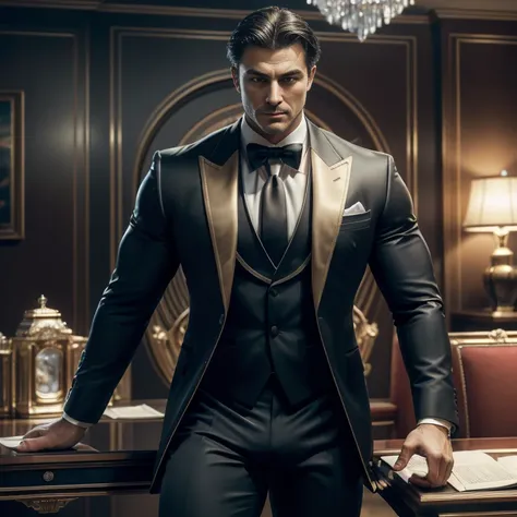 masterpiece, MOVIE POSTER, best quality, high resolution,(1man, solo, male) ((HALF BODY POSE)) (DETAILED EYES) (HANDSOME MUSCULAR MEN) ((CRYSTALINE)) (NEOTECH) ((WEARING SEXY TUXEDO) (TIGHT PANTS) (LUXURY CLOTHES)) ((BIG BULGE )) (RED THEME COLOR) ((BANKER...