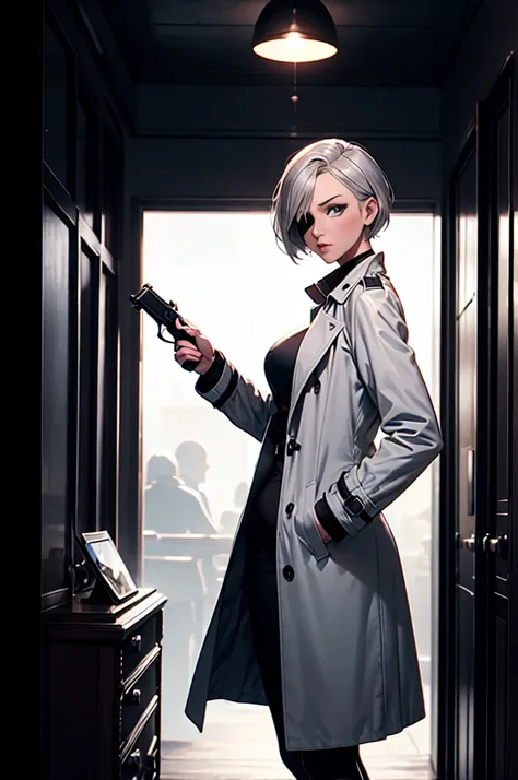 imagined a cartoon sexy milf detective woman  whit short silver hair who ad a eye patch on her left eye in a trench coat holding a revolver in 1950 black and white thriller movie, 50s, retro, spy movie, world war 2, front pose