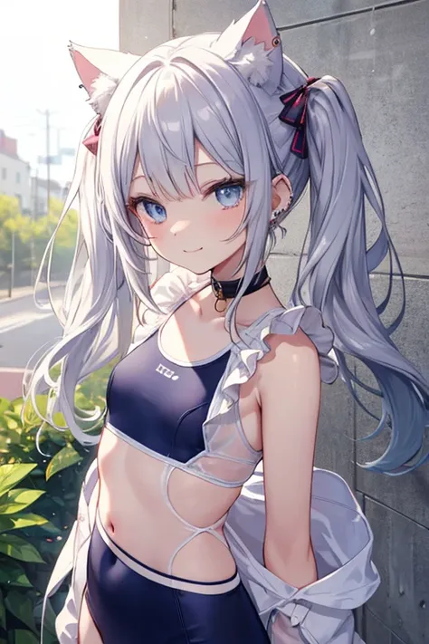 Silver-haired blue eyes、 girl、Small breasts、Twin tails、Nico Nico Smile、Looks about 15 years old、Petan Musume、School Swimsuit、 girl、accessories、ear piercing、Cute hairpin、hair ornaments、Gal-like、The look of temptation、Cat ear、 girl、he is short