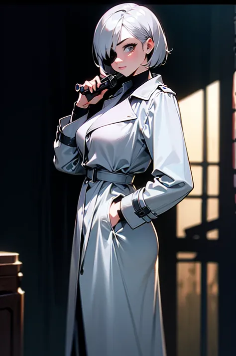 imagined a cartoon sexy milf detective woman  whit short silver hair who ad a eye patch on her left eye in a trench coat holding a revolver in 1950 black and white thriller movie, 50s, retro, spy movie, world war 2, front pose