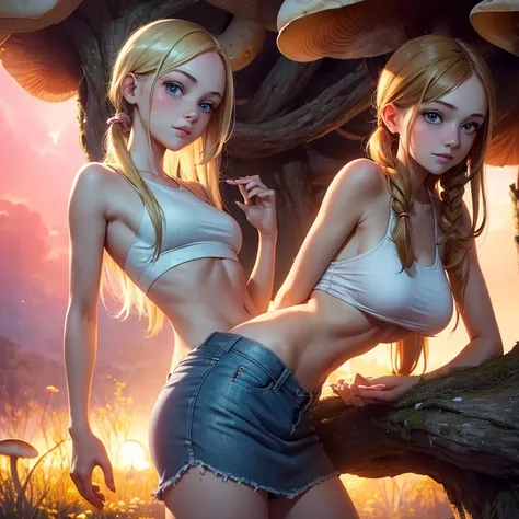 (masterpiece, best quality:1.4), (8K), Young blonde beauty, (((18 years old, neat girl))), detailed blue eyes, long eyelashes, blush, kind smile, upper body, crop top, underboob, sideboob, small ass, slender thin legs, pink skirt, (looking at viewer), beau...