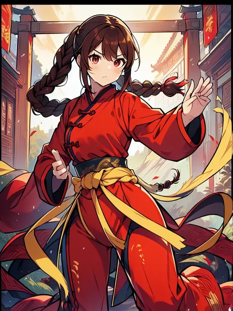 lei kugo live a live, qipao, chinese clothes, traditional clothes, action pose, full body, brown hair, braided hair, scars on fa...