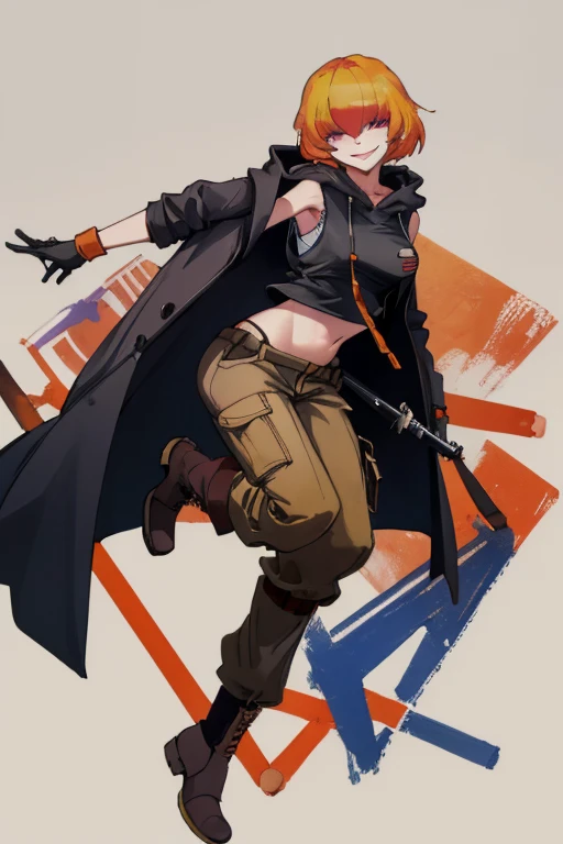 ((highest quality)), ((masterpiece)), (be familiar with),Clementine,Overload,{{nsfw}},Sleeveless hoodie,cargo pants,Bewitching Smile,whole body,boots,Long coat
