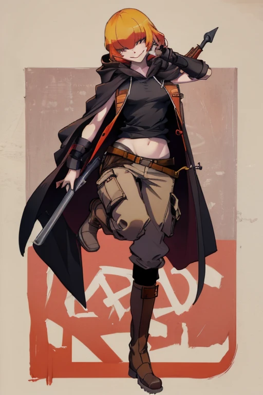 ((highest quality)), ((masterpiece)), (be familiar with),Clementine,Overload,{{nsfw}},Sleeveless hoodie,cargo pants,Bewitching Smile,whole body,boots,Long coat
