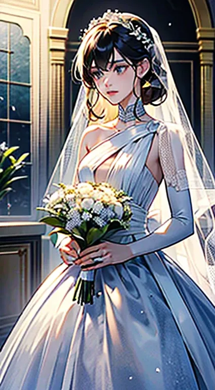 realisticlying，（tmasterpiece，top Quority，Optimal quality，offcial art，Beauty and aesthetics：1.2），The is very detailed，A girl，Wearing a white wedding dress，Coiled hair，White hands holding bouquets，Facing the audience，The right proportions，simple backgound