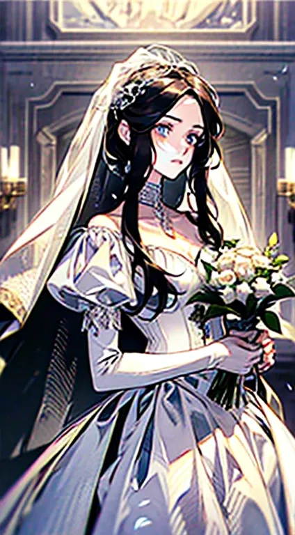 realisticlying，（tmasterpiece，top Quority，Optimal quality，offcial art，Beauty and aesthetics：1.2），The is very detailed，A girl，Wearing a white wedding dress，Coiled hair，White hands holding bouquets，Facing the audience，The right proportions，simple backgound