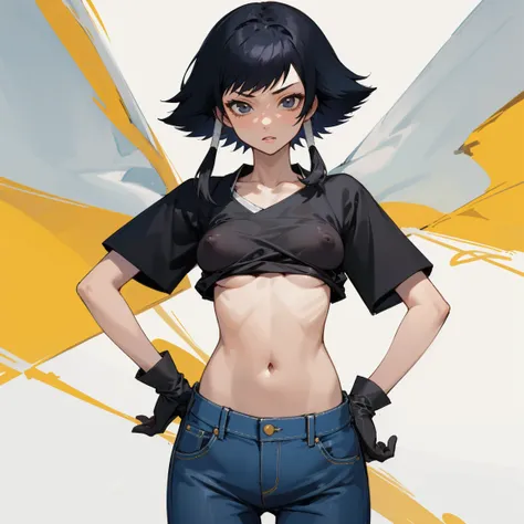 ((highest quality)), ((masterpiece)), (Familiar),  BLEACH,Soi Fon, 1 girl, alone,  Erect nipples, Black Hair,Slanted Eyes, Black clothes,Black Shirt,jeans, thin,thin,short hair with long locks, short hair, Small breasts, gloves, Hands on hips