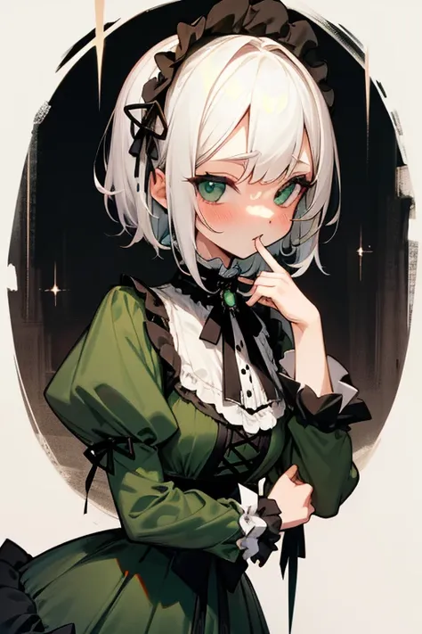 Short white hair, blush, Gothic Lolita、Punk Fashion、Clothes、front、Superior。Green Dress、肩出しのClothes装、