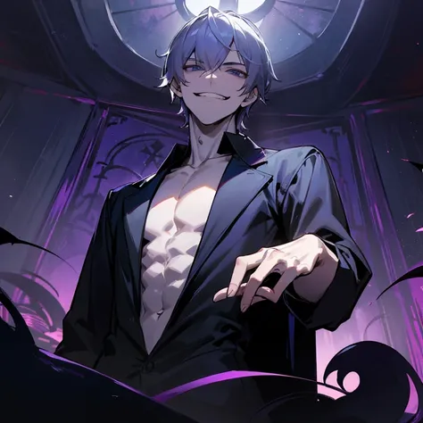 male、Beautiful boy、adult、Villain、villain、Evil smile、smile、laugh at、abuse、room、Dark Shadows、Black theme、to close range、sex appeal、bare chest、Slender、shirt、From below