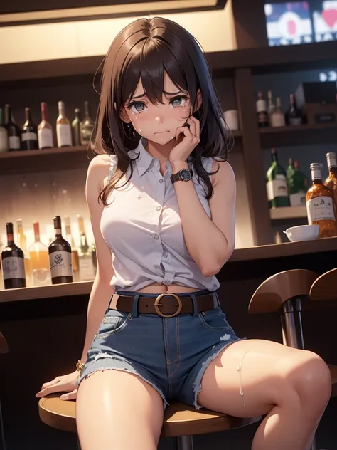 (((To be alone))),Wearing a collared, plaid sleeveless shirt、（Wearing denim belly shorts）、（Exposing thighs）、Sexy Woman 、(Have a brown belt)、(Wearing a watch)、exposing the navel、The temptation to sit on a chair with your legs open、((Tears flowing)）、((Crying...