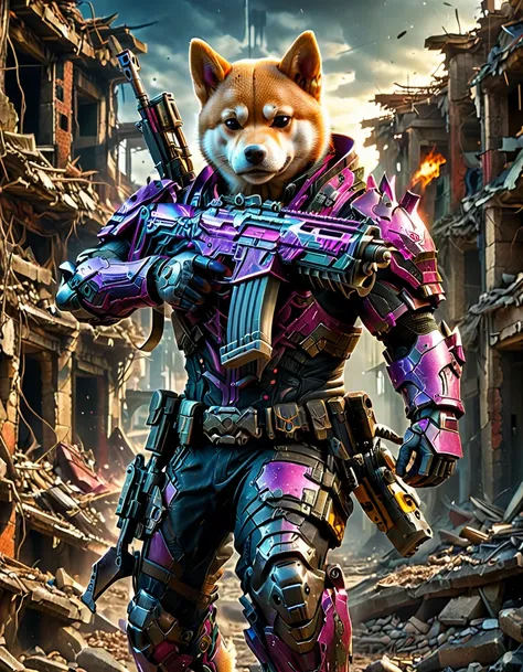 A cyberpunk anthropomorphic Shiba Inu warrior holding an assault rifle，Standing among the ruins of a dilapidated urban environment，Behind are collapsed buildings and broken walls，Dramatic light，Dark and eerie atmosphere，Fine details，Best quality，8k，high re...